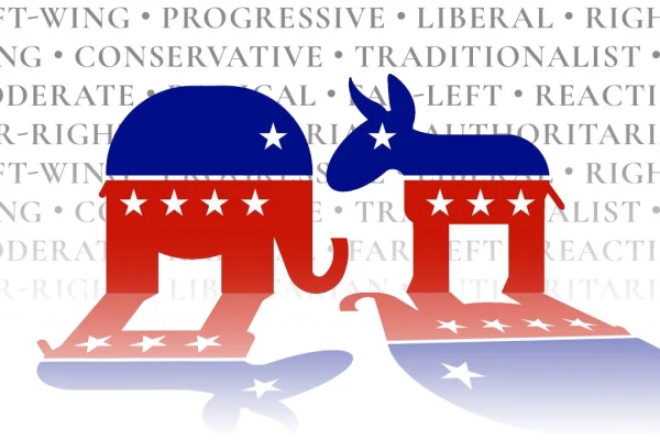 Republican and Democrat icons against a backdrop of political ideals